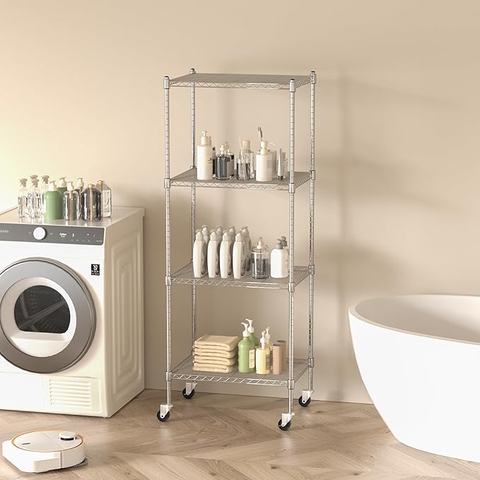 Garage Shelving with Wheels, 4 Tier Shelving Unit and Adjustable Feet, 865 lb High Capacity Rolling Storage Shelf for Kitchen, Office, Dining Room, Garage, Chrome