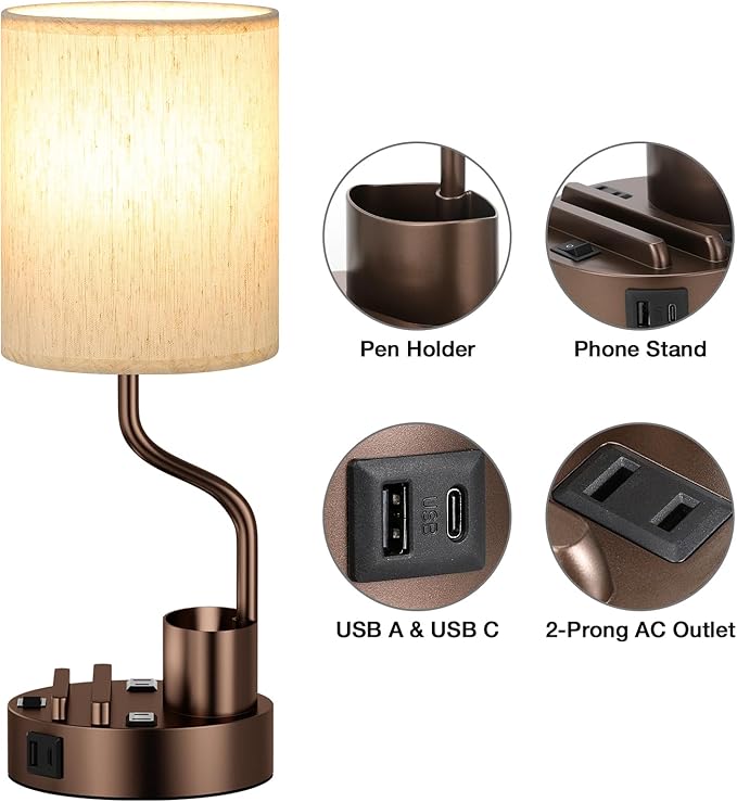 Bedside Table Lamps for Bedroom Set of 2 - Nightstand Lamp with AC Outlet Charging Port and USB A C, 3 Color Temperatures, Included Phone Holder & Pen Holder, Brown Night Stand Lamps for Guest Room