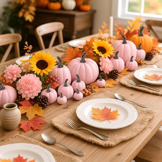 DomeStar 18PCS Assorted Pink Foam Pumpkins for Decoration, Little Pink Artificial Pumpkins for Baby Shower Decorations Wedding & Thanksgiving Farmhouse Table