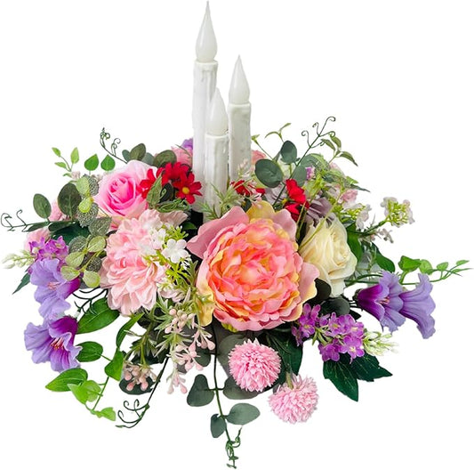 Spring Summer Floral Arrangement Centerpiece for Table with Artificial Peonies Flowers Rose Morning Glory Taper Flameless Candles for Dining Room Wedding All Season