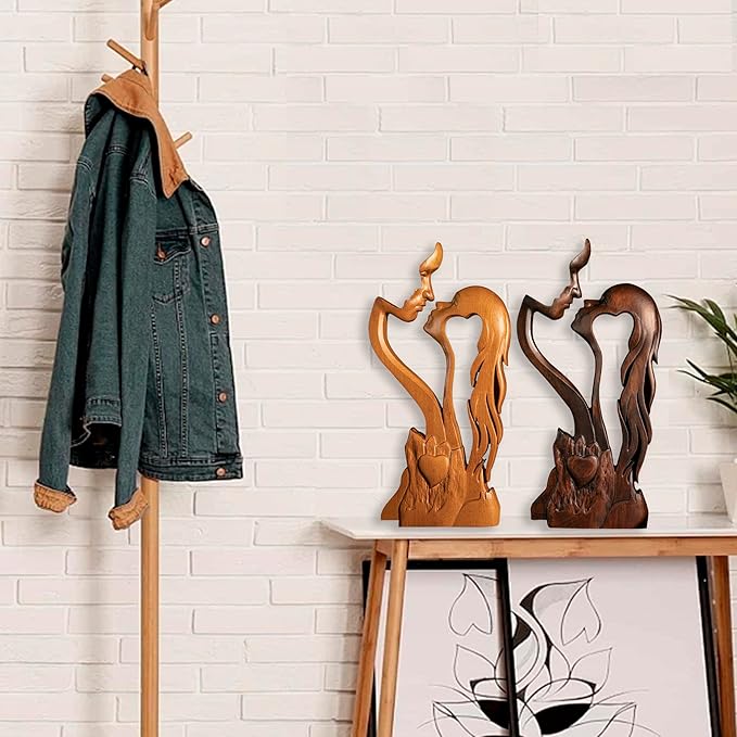 Wooden Kissing Couple Ornament, Abstract Couple Portrait Sculpture Romantic Love Statue Decor Gift for Women Anniversary Valentine Wedding - 10 Inch