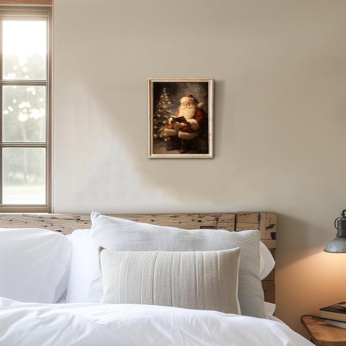 RETRART Christmas Wall Art Vintage Holiday Canvas Print with Santa Claus Christmas Tree, Christmas Pictures Wall Decor Waterproof Fade-Resistant Oil Painting Decor for Living Room, Bedroom(8"x10")