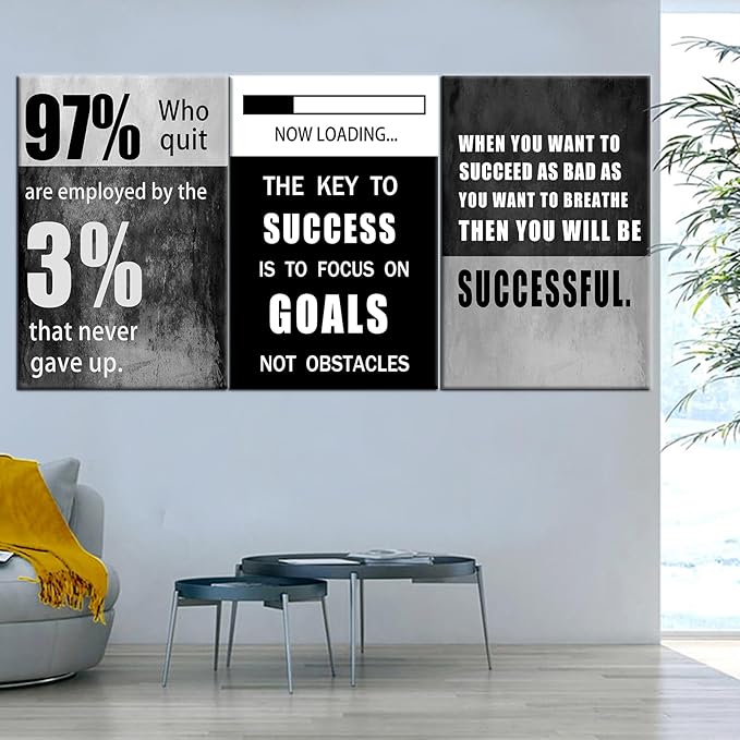 QYHART Motivational Poster Success Inspirational Wall Art Canvas Paintings 3 Piece Picture Artwork Living Room Prints Wall Decor Decoration Wooden Framed Ready to Hang [72''Wx 36''H]