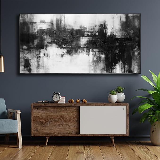 Abstract Wall Art Framed Home Artwork Decor Black and White Modern Minimalist Canvas Painting Living Room Decor for Bedroom Office Wall Decor 24"x48"
