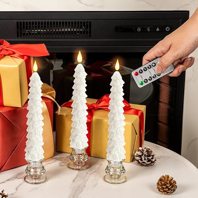 Homemory 3 Pcs Christmas Tree Candles with Remote, Waxy Flameless Taper Candles Flickering, White LED Candlesticks Battery Operated for New Year Celebration Holiday Decorations 9.7 Inches