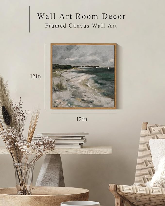 InSimSea Square Framed Canvas Wall Art, Room Decor Scenery Clouds Coastal Seaside Canvas Oil Painting Home Wall Decor Artwork, Classical Art Prints Decor for Living Room, Bedroom, Office 12"x12"