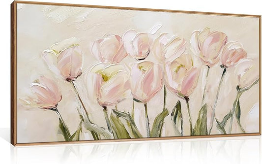 CHDITB Tulip Floral Framed Canvas Wall Art, 20"X40" Watercolor Flower Pink Tulip Textured Oil Painting, Modern Wildflower Wall Decor, Large Pink Floral Artwork for Living Room, Bedroom, Office