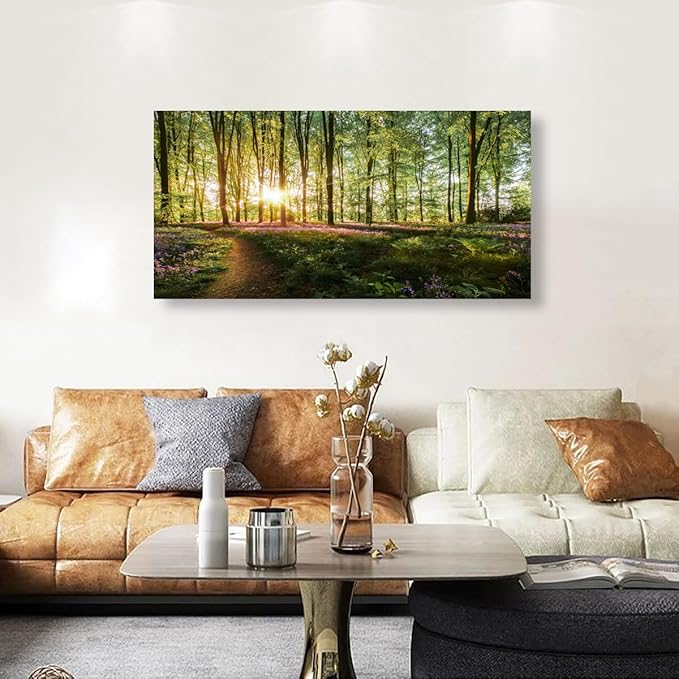 Green Forest Wall Art for Living Room Bedroom Office Large Landscape Nature Tree of Life Canvas Wall Art Kitchen Sunlight Grass Purple Flower Pictures Modern Wall Decor Paintings Artwork 20 * 40inch