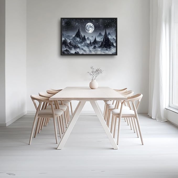 Olivine Mountain Large Wall Art, Moon Pictures Wall Decor, Nature Landscape Paintings, Night Mountains Canvas Prints, Framed Artwork for Dining Room Bedroom Living Room Office Bathroom Home 36"x24"