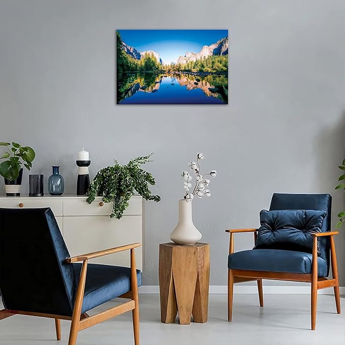 SKASNFAI Yosemite National Park Canvas Wall Art Forest Artwork Blue Lake Picture Prints Framed Home Decor for Bedroom Living Room (12x16 inch)
