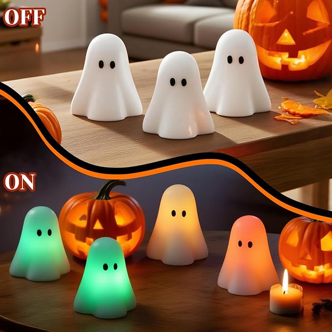 Eldnacele Ghost Flamless Flickering Candles with 18-key Remote and Timer, 12 Color Changing Battery Operated Spooky Candles Real Wax Small Ghost Lights LED Candle Fireplace Halloween Indoor Decor Gift
