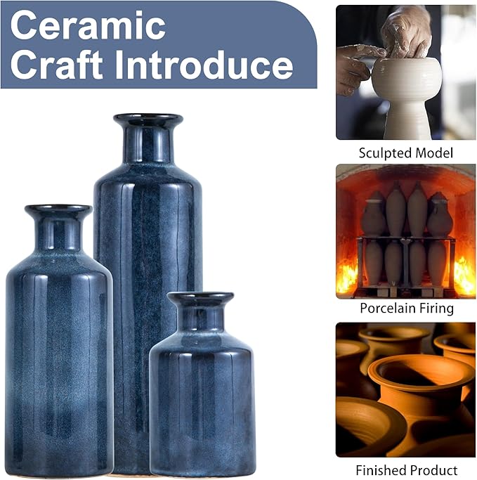 Blue Ceramic Vase Set of 3 Small Vases, Modern Farmhouse for Home Decor Bottles, Rustic Terracotta Vase Decorative Vases for Table,Fireplaces Decor, Bookshelf, Living Room
