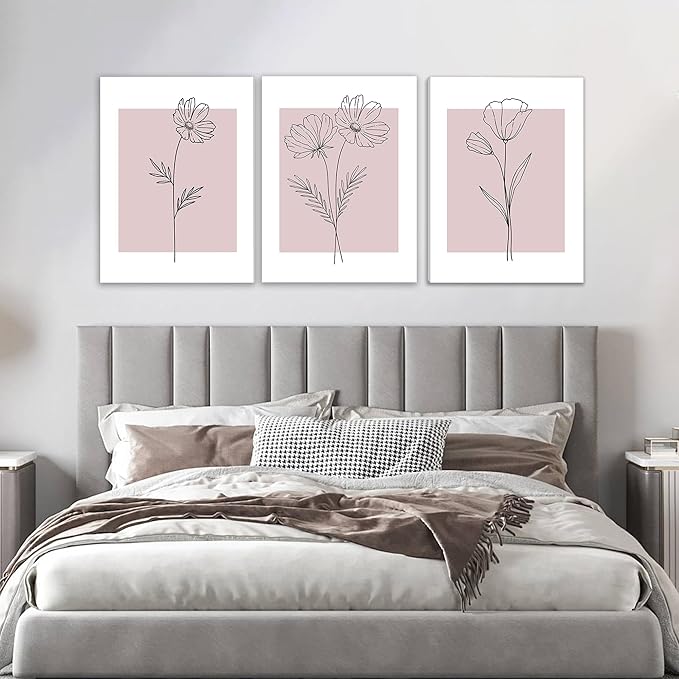 WRFON Pink Line Flower Canvas Wall Art, Light Pink Botanical Aesthetic Pictures, Minimalist Black Line Floral Poster Prints, Abstract Plants Wall Decor for Girls' Room Apartment Framed 12"x16"x3