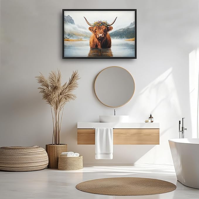 Framed Large Wall Art for Living Room, Highland Cow Canvas Wall Decor, Large Mountain Animal Pictures Framed Painting, Natural Landscape Artwork for Bedroom Office Home Decor 36L'' × 24W''