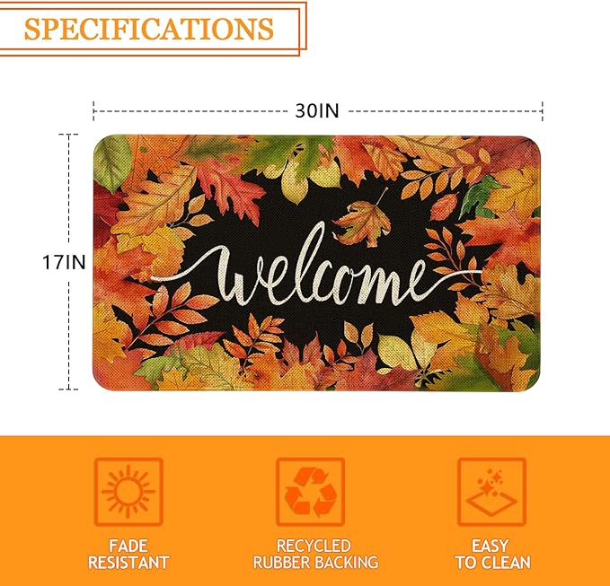Fall Welcome Doormat 30x17 Inch Fall Leaves Front Door Mat Indoor Outdoor Entrance Floor Mats Non-Slip Washable Seasonal Autumn Thanksgiving Home Decor Rugs