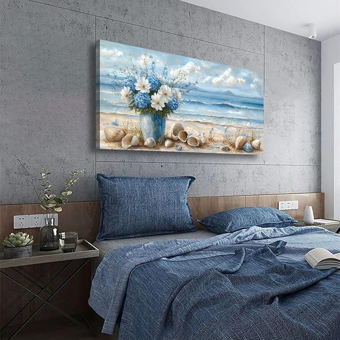 Ocean Waves Vase of Flowers Pictures Canvas Wall Art for Living room Office Bedroom Wall Decor Beach Sea Shell Wall Art Print Paintings Modern Abstract Scenery Artwork Ready to Hang-20x40inch
