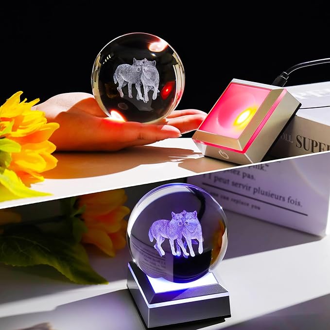 Ornalrist Wolf Gifts for Women, Men - 3D Crystal Ball Engrevd Couple Wolfs 3.15'' with LED Light Base - Wolf Lover Night Light Figurinefor Home Decor