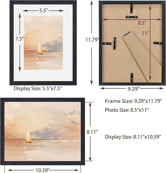 Black Picture Frame 8.5x11, Natural Oak Wood 8.5 x 11 Photo Frame, 8.5 by 11 Frame for Wall, 8.5x11 Picture Frame with Mat for 6x8, Tempered Real Glass, Black Color, Set of 1