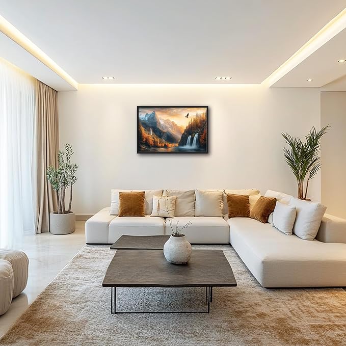 Framed Large Wall Art for Living Room, Mountain Waterfall Canvas Wall Decor, Sunset Forest Tree Pictures Painting, Modern Artwork for Bedroom Office 36L'' × 24W''