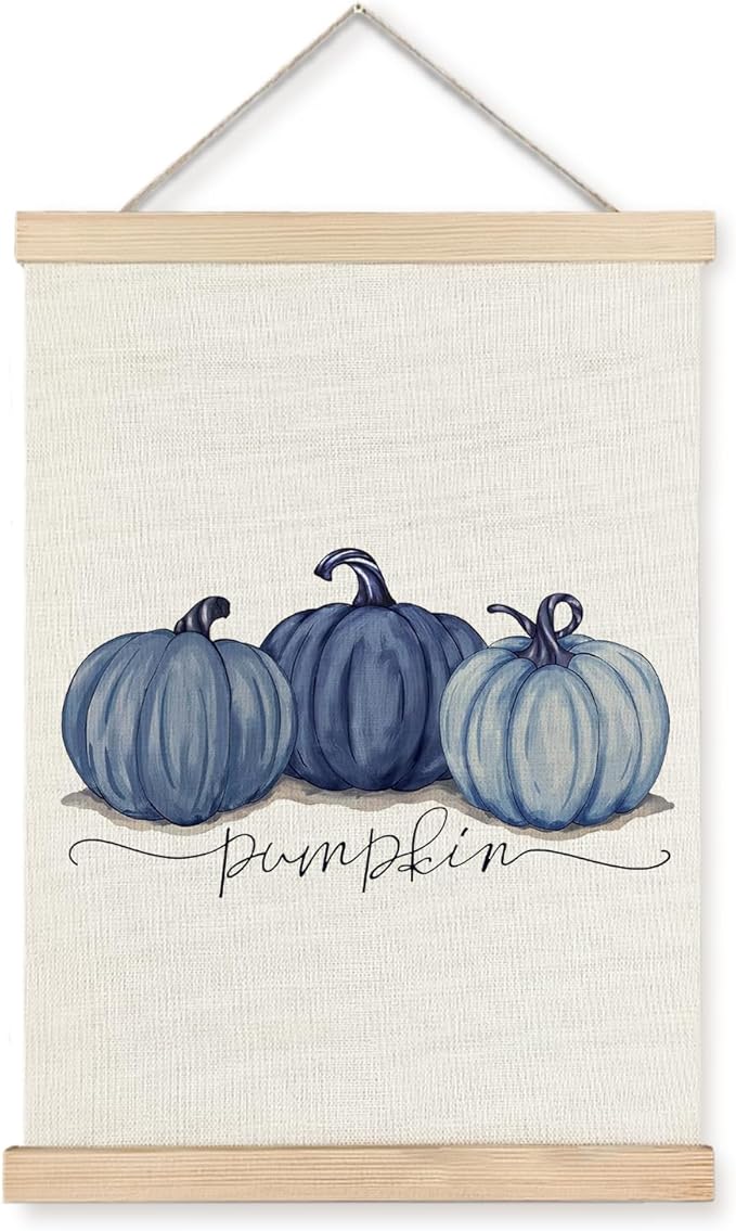 Supwhd Watercolor Fall Blue Pumpkin Wall Art with Wooden Poster Hanger, Fall Wall Decor, Fall Posters, Farmhouse Fall Pumpkin Autumn Harvest Thanksgiving Wall Art Decor, Fall Home Decor, 12x16
