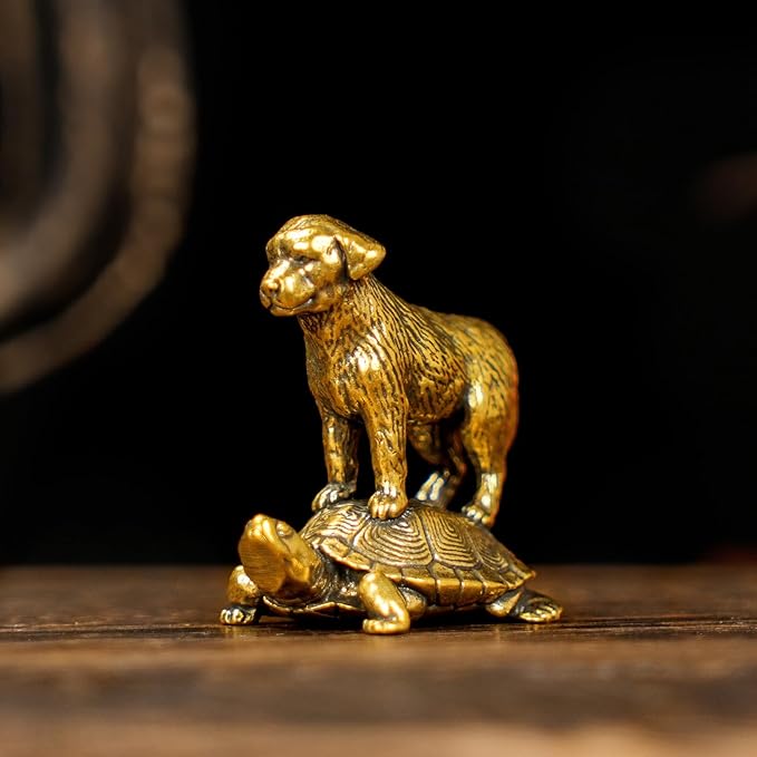 Retro Handcrafted TurtleTop Pup Statue - 100% Solid Brass Desk Decor | Vintage Style Collectible Art Piece for Home & Office | Unique Gift for Animal Lovers, Elegant Tabletop Sculpture