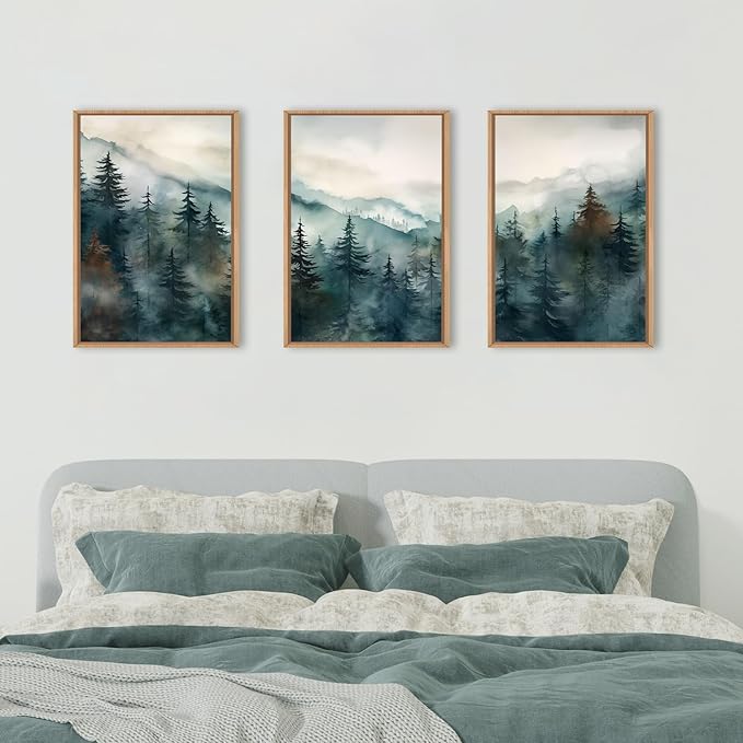 KAIRNE Watercolor Misty Forest Framed Canvas Wall Art Set, Nature Landscape Wall Decor, Foggy Mountain Pine Trees Wall Painting, Jungle Scenery Artwork for Living Room, Bedroom, Office - 24"x36"x3