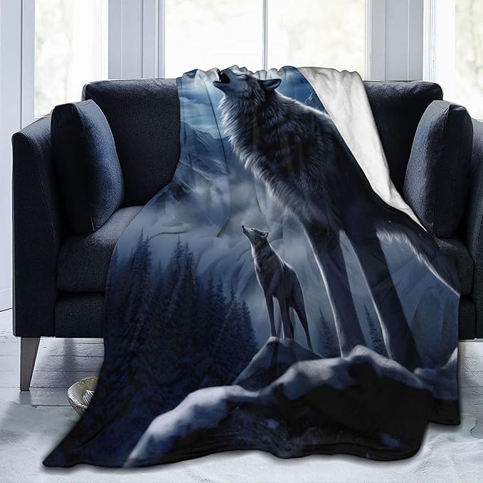 Snowy Mountain Wolf Blanket Gifts Moonlit Night Wolves Flannel Throw Blankets for Home Decor Couch Bed Sofa Soft Fuzzy Lightweight for All Season 80x60 Inches