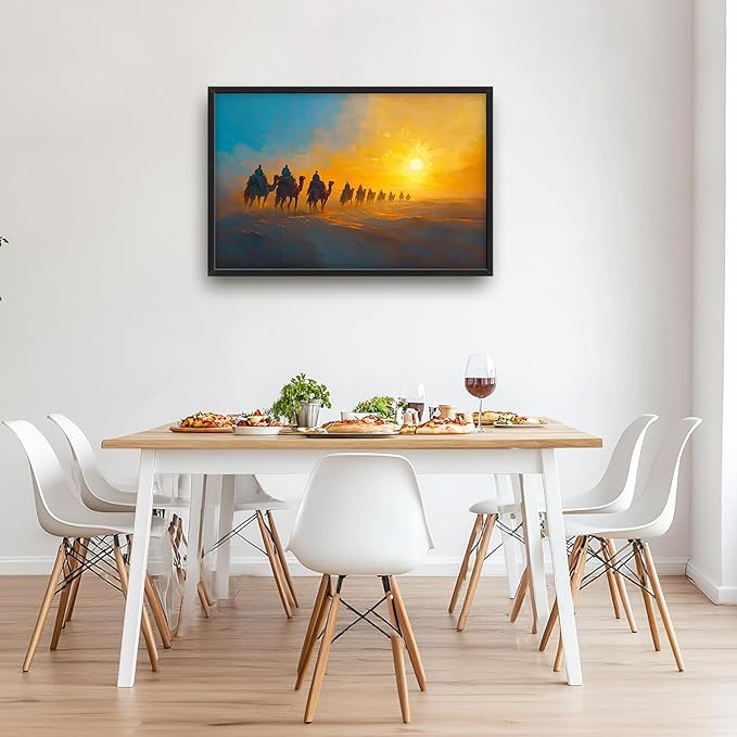 Flintis Large Desert Camel Framed Wall Art Sunset Camels Pictures Wall Decor Abstract Natural Landscape Canvas Painting Print Artworks Framed for Living Room Bathroom Master Bedroom 36L X 24W