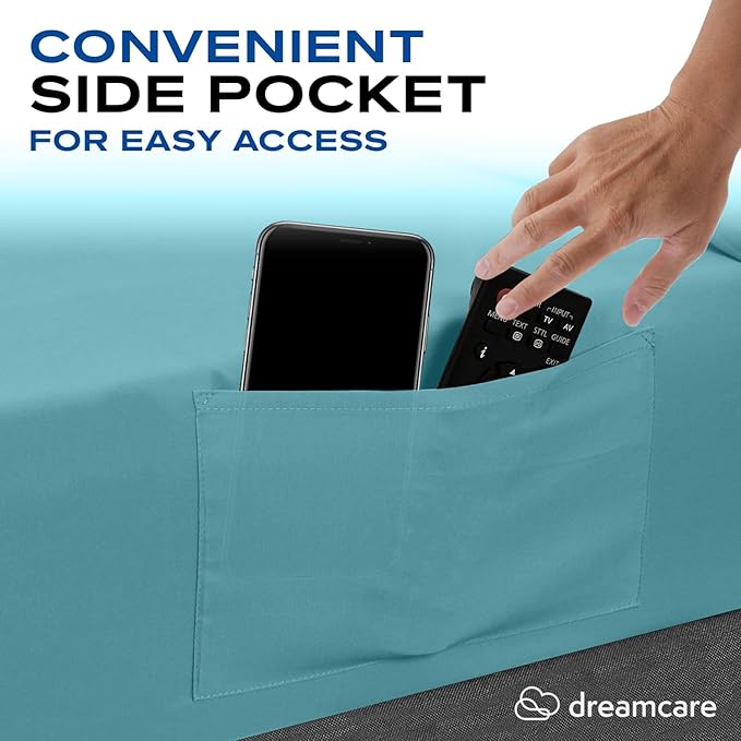 DREAMCARE Twin XL Sheets Set - 4 Pcs Cooling Bed Sheets with Up to 15" Deep Pockets - Soft, Long-Lasting 100% Brushed Polyester with Side Pocket (Spa Blue)