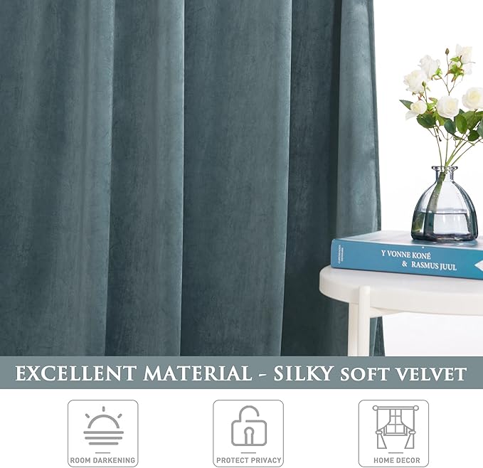 StangH Stone Blue 102 inches Velvet Curtains, 2 Panels Light Blocking Drapes Privacy Added for Kid Bedroom Energy Efficient for Study/Home Office/Porch, W52x L102