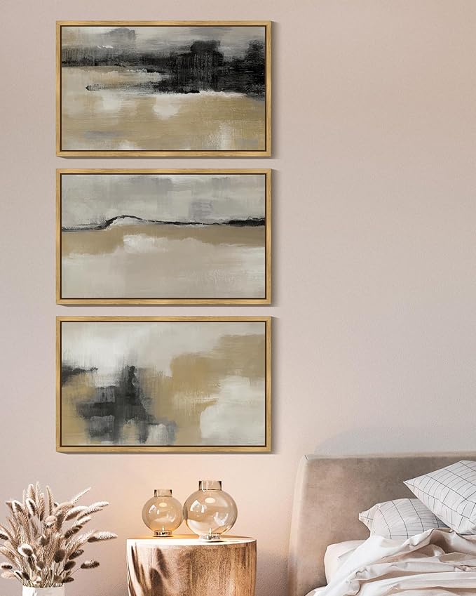 KUVIOKE Black Gray Abstract Framed Wall Art Minimalist Modern Neutral Wall Art Decor for Living Room Hallway Bedroom Ready to Hang 16x24in (Natural Framed)