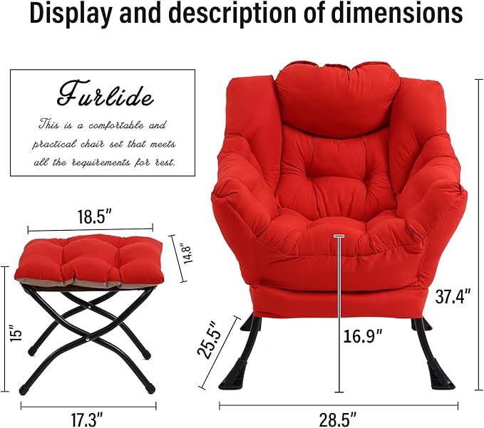 Modern Lazy Chair with Folding Footrest, Lounge Accent & Comfortable Reading Chair (Red)