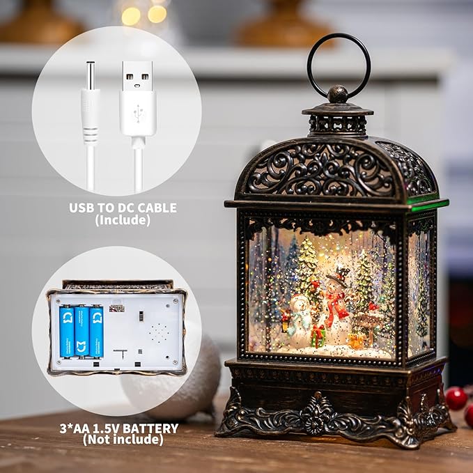 Christmas Snow Globes, Snowman Water Lantern, 8 Christmas Music, USB Powered & Battery, Holiday Decorations Gifts for Family Children or Friends