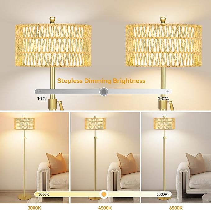 Gold Floor Lamps for Living Room Rattan Boho Floor Lamp with Remote Control,Dimmable Wicker Floor Lamp Modern Standing Lamp with 3 Color Temperature Brass Tall Floor Lamps for Bedroom Corner