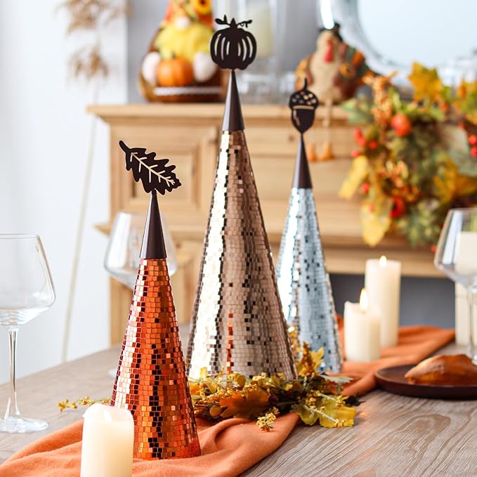 WDHODEC Fall Table Decor Tree 3PCS, Handmade Fall Halloween Table Centerpiece Decorations, Tabletop Disco Ball Tree for Autumn Party, Wedding, Indoor Outdoor Thanksgiving Decor Orange Brown Silver