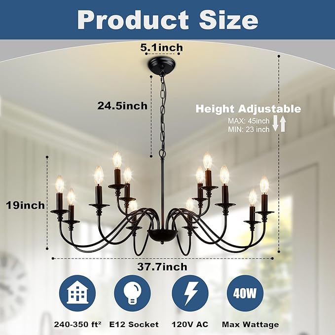 Depuley Farmhouse Chandelier Light Fixture: 12-Light Black Modern Chandelier for Dining Room Lighting - Industrial Hanging Pendant Lights Kitchen Island - Vintage Candle Chandeliers for Foyer