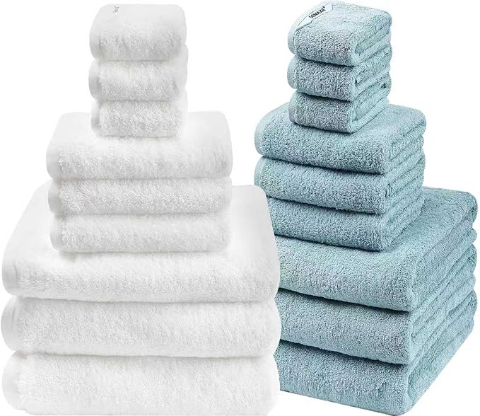 SEMAXE 18-Piece Mixed Color Bathroom Towel Set(White, Blue) - Bath Towel, Hand Towel, and Washcloth – 3 Pieces per Color, 100% Cotton, Lightweight, Absorbent, Quick-Drying, Ideal for Couples and Gifts