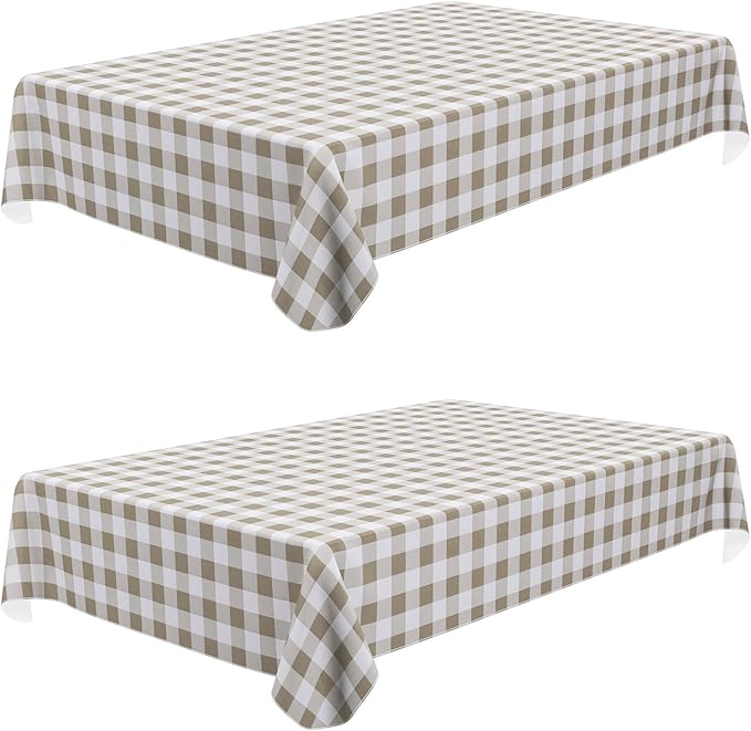 misaya 2 Pack Waterproof Vinyl Table Cloth, Buffalo Flannel Backed Tablecloth, Wipeable Plastic Table Cover for Fall, Thanksgiving (60" x 84", Khaki & White)