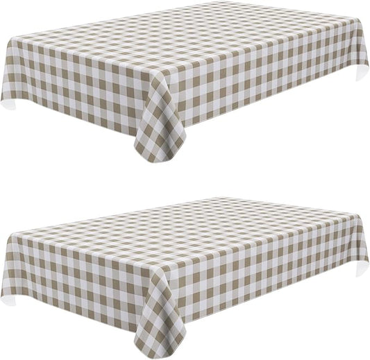 misaya 2 Pack Waterproof Vinyl Table Cloth, Buffalo Flannel Backed Tablecloth, Wipeable Plastic Table Cover for Fall, Thanksgiving (60" x 84", Khaki & White)