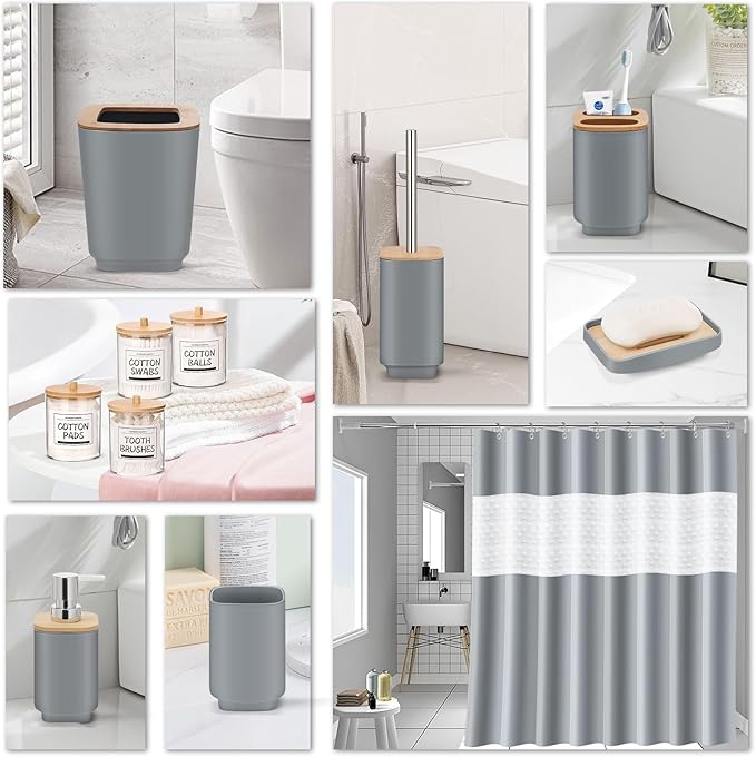 Bathroom Accessories Set,Grey Bathroom Set,24 Pieces Bathroom Accessory Set with Shower Curtain,Trash Can for Bathroom Accessories Décor and Home Gifts