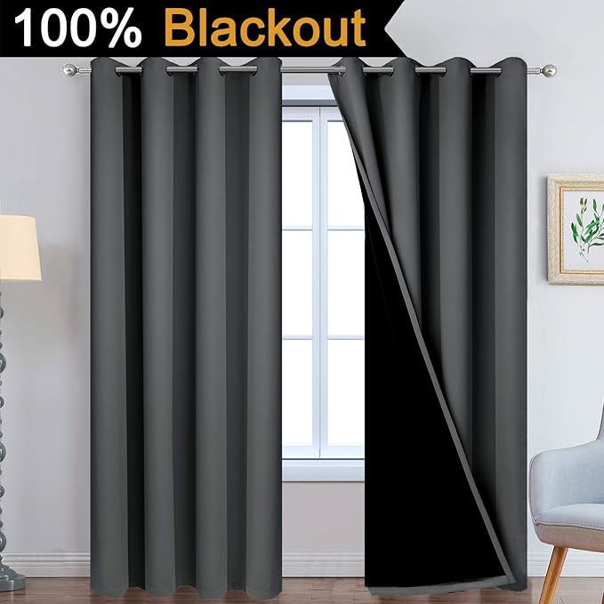 Yakamok Full Shade Curtain Panels, Heavy Duty Lined Curtains 90 Inches Long, Thermal Insulated Room Darkening Curtains with Black Liner for Bedroom(52" Width Each Panel, Dark Gray, 2 Panels)