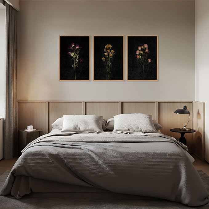 KAIRNE Dark Moody flower Framed Canvas Wall Art Set, Minimalist Black Wildflower Wall Decor, Vintage Botanical Floral Wall Painting, Nature Plant Art Prints for Living Room, Bedroom, Office 24"x36"x3