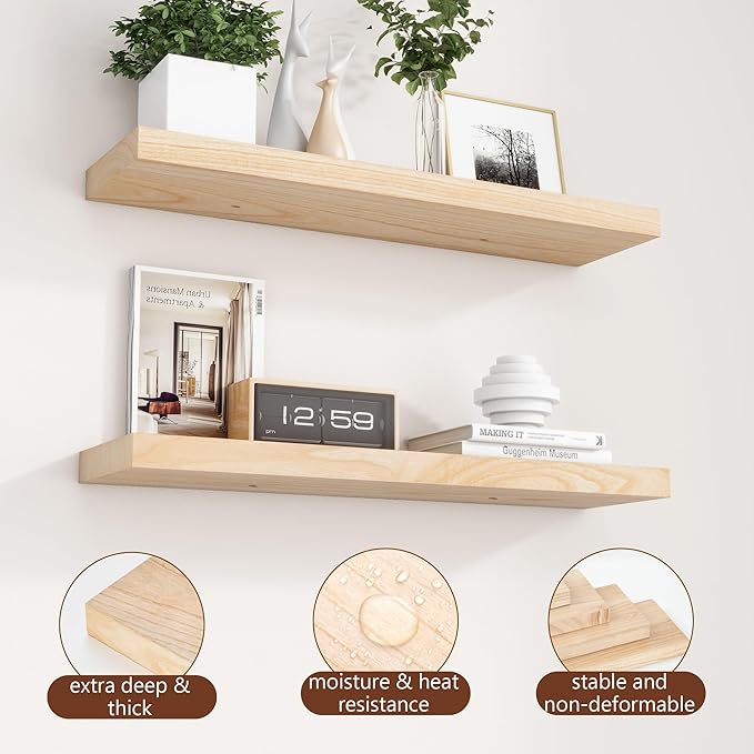 fuqing Natural Wood Floating Shelves for Wall, 30 Inch Wood Floating Shelves Set of 2, Natural Wooden Wall Shelves for Living Room Bedroom Home Office - Natural