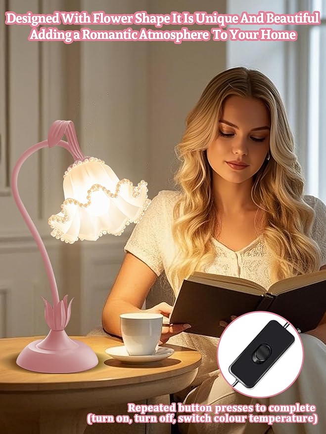Flower Table Lamp Bedside Lamps LED Reading Light,3 Color Modes Cute Small Lamp,Vintage Flower Lamp Kawaii Table Lamp for Bedroom Living Room Office Dorm Desk Home Decor (Pearl Pink lamp)
