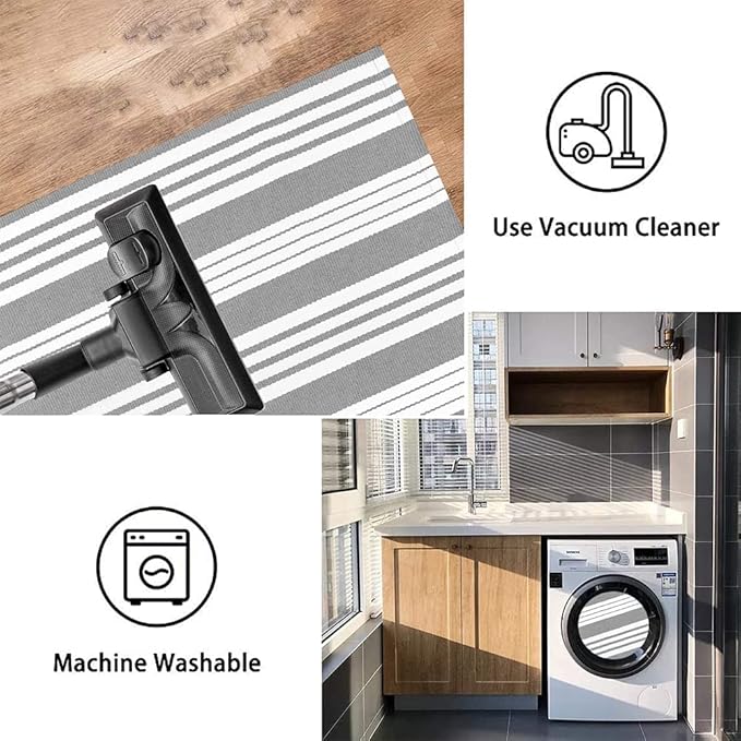 OJIA Entryway Rug 3'x5' Cotton Hand Woven Fall Front Door Mat Halloween Doormat Machine Washable Outdoor Rugs Grey and White Striped Entry Rug Porch Rugs for Farmhouse/Bedroom/Home Entrance Decor