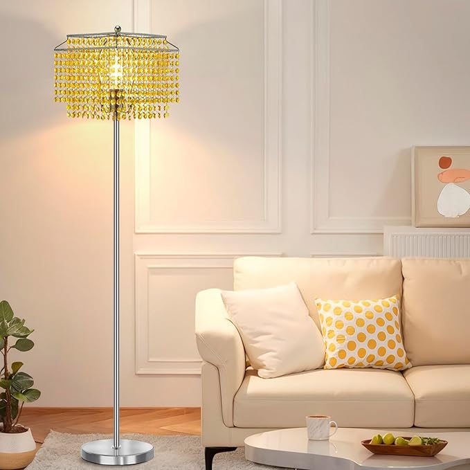 Luvkczc Crystal Floor Lamp Yellow, 64" Tall Elegant Standing Lamp with On-Off Foot Switch, Double-Layer Lampshade, Standing Lamps for Living Room, Bedroom, Office, 8W Bulb Included