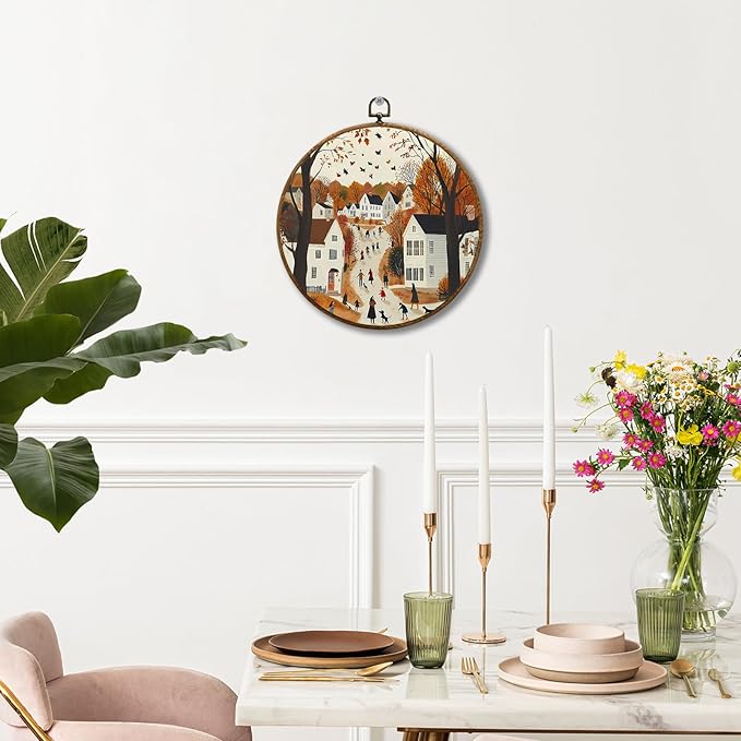 JUIOEIU Fall Round Wall Decor, Cozy Autumn Cityscape Seasonal Framed Canvas Prints, Fall Wall Art Hanging Decorations for Home Bedroom Living Room Office Decor, 10x10in