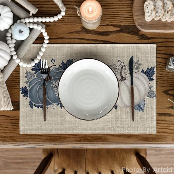 Artoid Mode Navy Blue Pumpkins Fall Placemats Set of 4, 12x18 Inch Autumn Thanksgiving Watercolor Table Mats for Dining Party Decoration