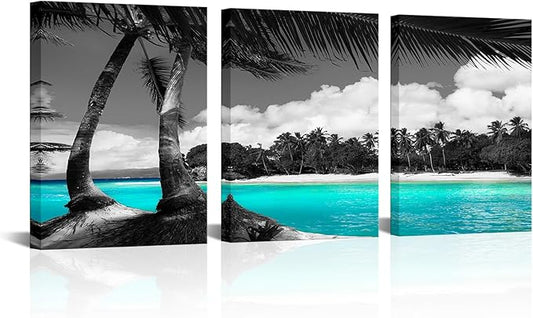 SkenoArt 3 Panels Teal Canvas Wall Art Black and White Hawaii Beach Pictures Tropical Palm Tree Artwork Giclee Prints for Bathroom Office Wall Decoration Framed Ready to Hang Each Piece 12"x16"