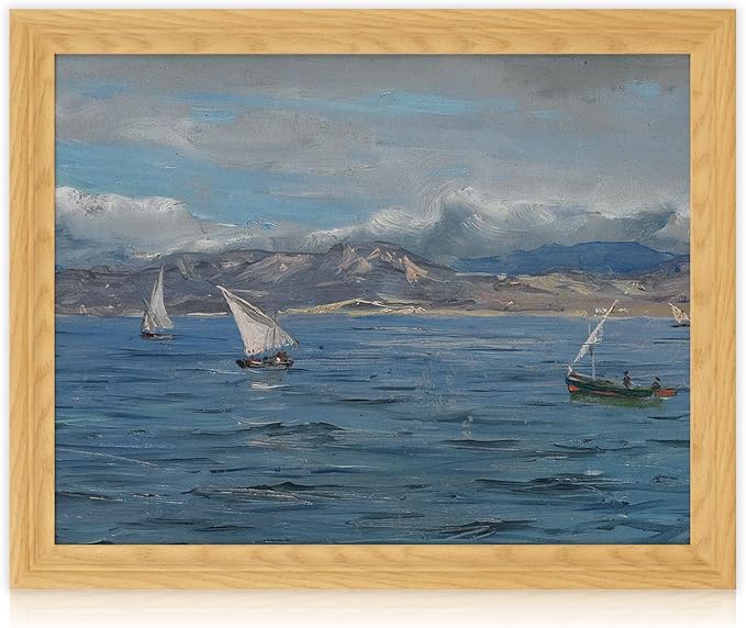 Brivoria Framed Canvas Wall Art Vintage Decor, Coastal Seascape with Sailing Boats and Distant Mountains Under Dramatic Cloudy Sky for Living Room Statement Wall or Gallery Decoration, 16"x20"